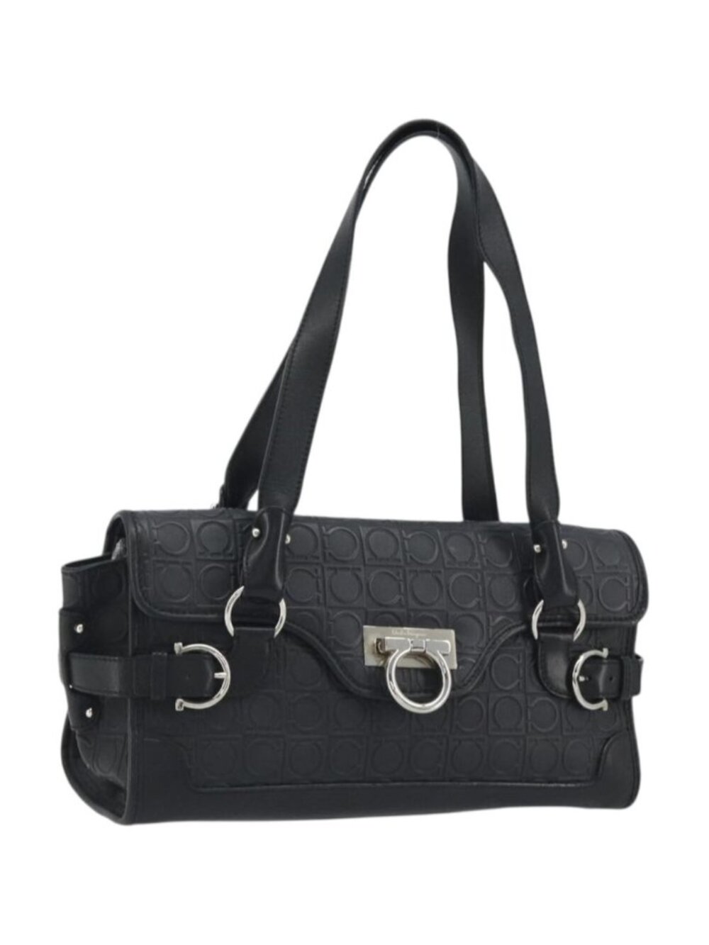 Salvatore Ferragamo Gancini Shoulder Bag Leather Black Silver